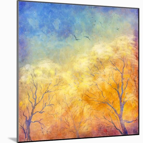 Digital Oil Painting Autumn Trees, Flying Birds-kostins-Mounted Art Print