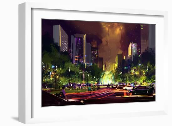 Digital Painting of Bright Color Fountain in the Park at Night,Illustration-Tithi Luadthong-Framed Art Print