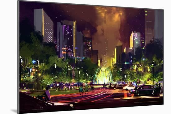 Digital Painting of Bright Color Fountain in the Park at Night,Illustration-Tithi Luadthong-Mounted Art Print