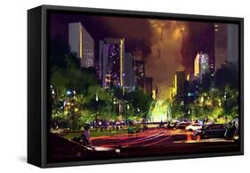 Digital Painting of Bright Color Fountain in the Park at Night,Illustration-Tithi Luadthong-Framed Stretched Canvas