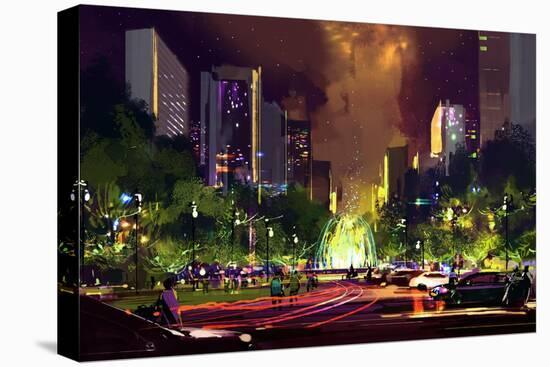 Digital Painting of Bright Color Fountain in the Park at Night,Illustration-Tithi Luadthong-Stretched Canvas