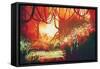 Digital Painting of Fantasy Autumn Forest,Illustration-Tithi Luadthong-Framed Stretched Canvas