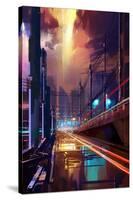 Digital Painting of Modern City Street at Night,Illustration-Tithi Luadthong-Stretched Canvas