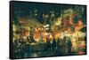 Digital Painting of People Walking in the Market at Night,Illustration-Tithi Luadthong-Framed Stretched Canvas