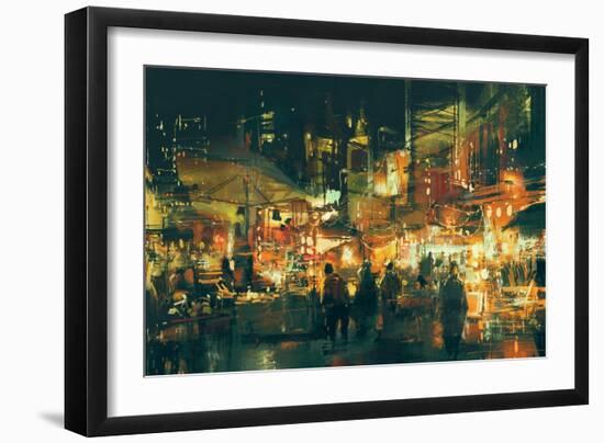 Digital Painting of People Walking in the Market at Night,Illustration-Tithi Luadthong-Framed Art Print