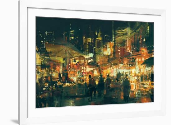Digital Painting of People Walking in the Market at Night,Illustration-Tithi Luadthong-Framed Art Print