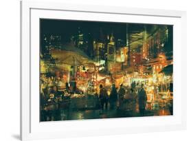 Digital Painting of People Walking in the Market at Night,Illustration-Tithi Luadthong-Framed Art Print