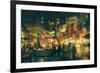 Digital Painting of People Walking in the Market at Night,Illustration-Tithi Luadthong-Framed Art Print