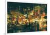 Digital Painting of People Walking in the Market at Night,Illustration-Tithi Luadthong-Framed Art Print