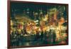 Digital Painting of People Walking in the Market at Night,Illustration-Tithi Luadthong-Framed Art Print