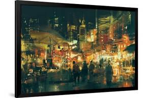 Digital Painting of People Walking in the Market at Night,Illustration-Tithi Luadthong-Framed Art Print