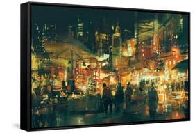 Digital Painting of People Walking in the Market at Night,Illustration-Tithi Luadthong-Framed Stretched Canvas