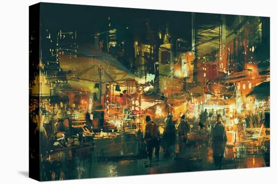 Digital Painting of People Walking in the Market at Night,Illustration-Tithi Luadthong-Stretched Canvas