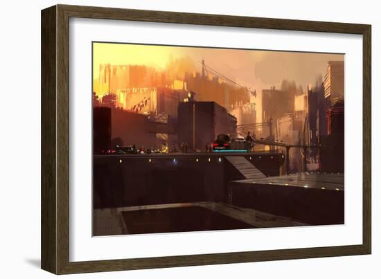 Digital Painting Showing Futuristic Sci-Fi City at Sunrise,Illustration-Tithi Luadthong-Framed Art Print