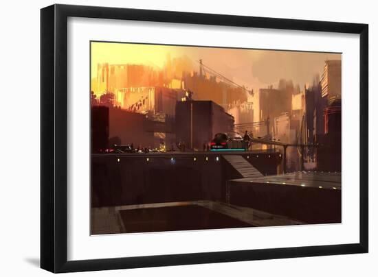 Digital Painting Showing Futuristic Sci-Fi City at Sunrise,Illustration-Tithi Luadthong-Framed Art Print