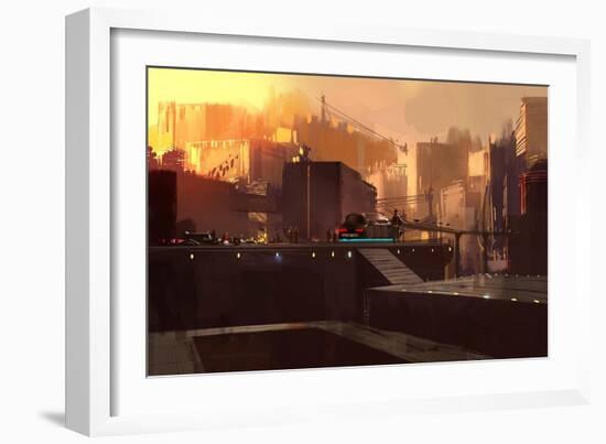 Digital Painting Showing Futuristic Sci-Fi City at Sunrise,Illustration-Tithi Luadthong-Framed Art Print