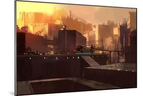 Digital Painting Showing Futuristic Sci-Fi City at Sunrise,Illustration-Tithi Luadthong-Mounted Art Print