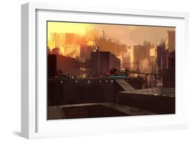 Digital Painting Showing Futuristic Sci-Fi City at Sunrise,Illustration-Tithi Luadthong-Framed Premium Giclee Print