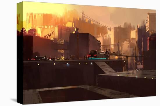 Digital Painting Showing Futuristic Sci-Fi City at Sunrise,Illustration-Tithi Luadthong-Stretched Canvas