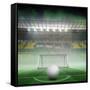 Digitally Generated White Leather Football against Vast Football Stadium for World Cup-Wavebreak Media Ltd-Framed Stretched Canvas