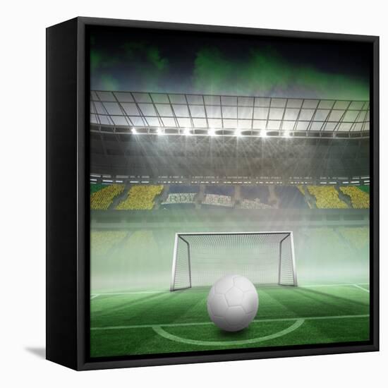 Digitally Generated White Leather Football against Vast Football Stadium for World Cup-Wavebreak Media Ltd-Framed Stretched Canvas