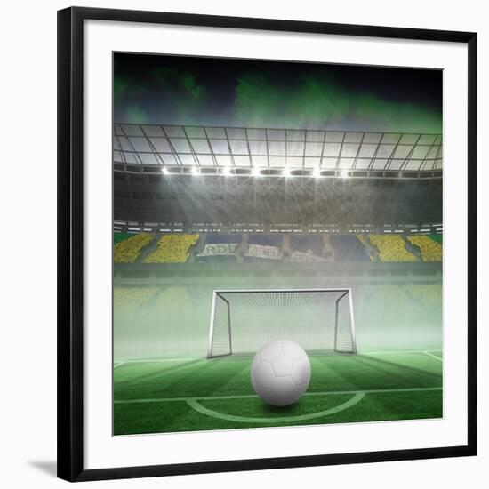 Digitally Generated White Leather Football against Vast Football Stadium for World Cup-Wavebreak Media Ltd-Framed Photographic Print