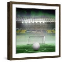 Digitally Generated White Leather Football against Vast Football Stadium for World Cup-Wavebreak Media Ltd-Framed Photographic Print