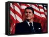 Digitally Restored Vector Photo of President Ronald Reagan in Front of American Flag-Stocktrek Images-Framed Stretched Canvas