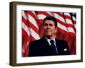 Digitally Restored Vector Photo of President Ronald Reagan in Front of American Flag-Stocktrek Images-Framed Premium Photographic Print