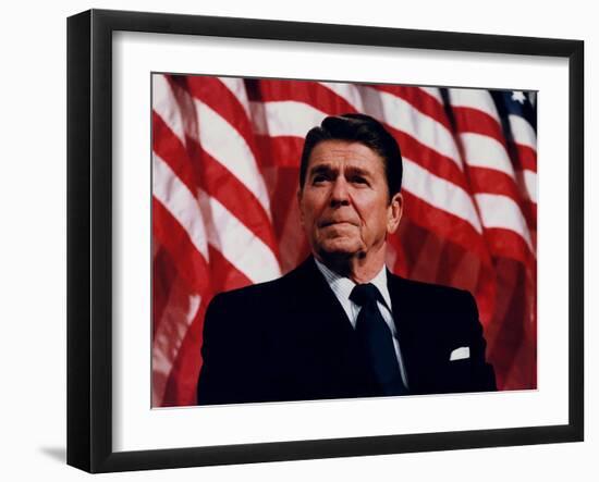 Digitally Restored Vector Photo of President Ronald Reagan in Front of American Flag-Stocktrek Images-Framed Photographic Print