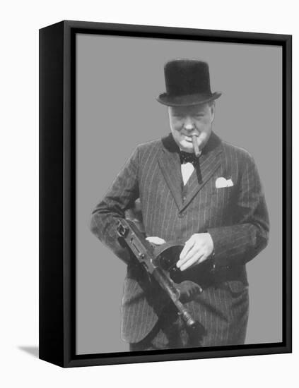 Digitally Restored Vector Photo of Sir Winston Churchill with a Tommy Gun-Stocktrek Images-Framed Stretched Canvas