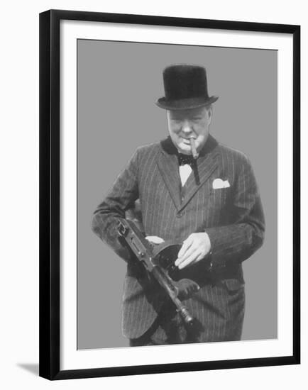 Digitally Restored Vector Photo of Sir Winston Churchill with a Tommy Gun-Stocktrek Images-Framed Premium Photographic Print