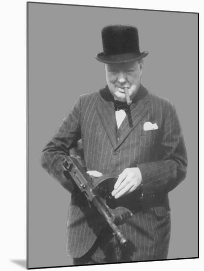 Digitally Restored Vector Photo of Sir Winston Churchill with a Tommy Gun-Stocktrek Images-Mounted Premium Photographic Print