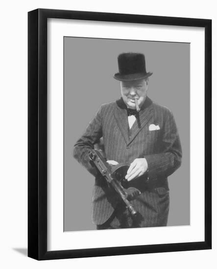 Digitally Restored Vector Photo of Sir Winston Churchill with a Tommy Gun-Stocktrek Images-Framed Photographic Print