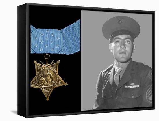 Digitally Restored Vector Portrait of Sergeant John Basilone And the Medal of Honor-Stocktrek Images-Framed Stretched Canvas