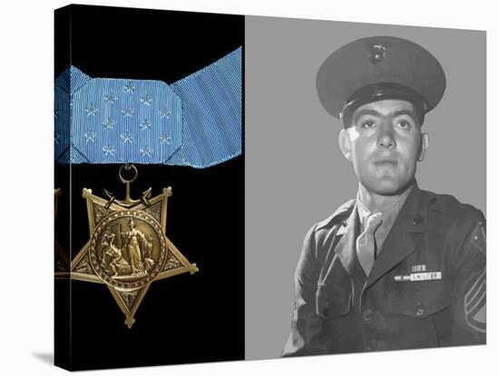 Digitally Restored Vector Portrait of Sergeant John Basilone And the Medal of Honor-Stocktrek Images-Stretched Canvas