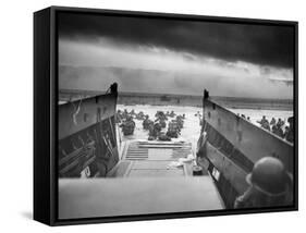 Digitally Restored World War II Photo of American Troops Approaching Omaha Beach-null-Framed Stretched Canvas