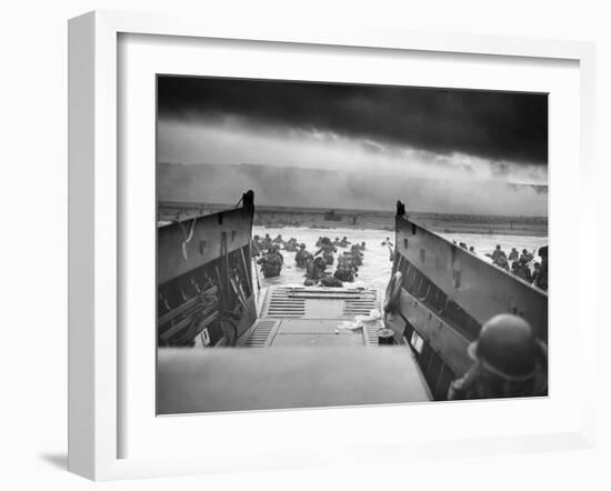 Digitally Restored World War II Photo of American Troops Approaching Omaha Beach-null-Framed Premium Photographic Print