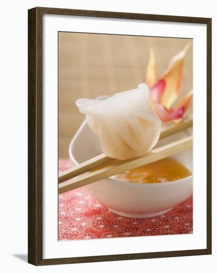 Dim Sum on Chopsticks over Dip (Asia)-null-Framed Photographic Print