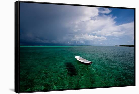 Dinghy in Clear Turquoise Water, Great Exumand, Bahamas-null-Framed Stretched Canvas