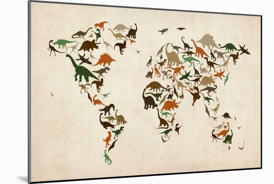 Dinosaur Map of the World Map-Michael Tompsett-Mounted Premium Giclee Print