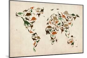 Dinosaur Map of the World Map-Michael Tompsett-Mounted Premium Giclee Print