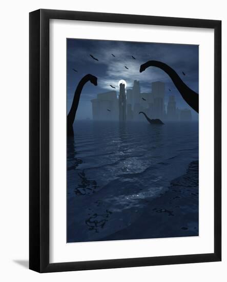 Dinosaurs Feed Near the Shores of the Famed Lost City of Atlantis-Stocktrek Images-Framed Photographic Print