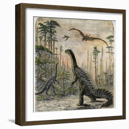 Dinosaurs of the Jurassic Period: a Stegosaurus with a Compsognathus in the Background-A. Jobin-Framed Photographic Print