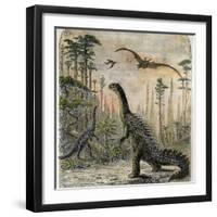 Dinosaurs of the Jurassic Period: a Stegosaurus with a Compsognathus in the Background-A. Jobin-Framed Photographic Print