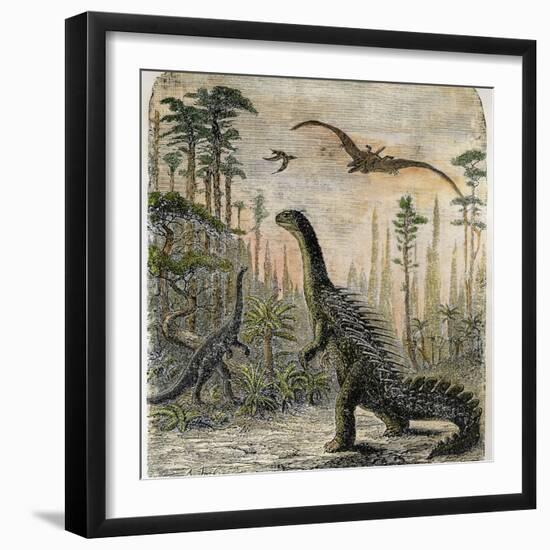 Dinosaurs of the Jurassic Period: a Stegosaurus with a Compsognathus in the Background-A. Jobin-Framed Photographic Print