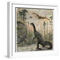 Dinosaurs of the Jurassic Period: a Stegosaurus with a Compsognathus in the Background-A. Jobin-Framed Photographic Print