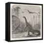 Dinosaurs of the Jurassic Period: a Stegosaurus with a Compsognathus in the Background-A. Jobin-Framed Stretched Canvas