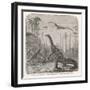 Dinosaurs of the Jurassic Period: a Stegosaurus with a Compsognathus in the Background-A. Jobin-Framed Art Print