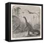 Dinosaurs of the Jurassic Period: a Stegosaurus with a Compsognathus in the Background-A. Jobin-Framed Stretched Canvas